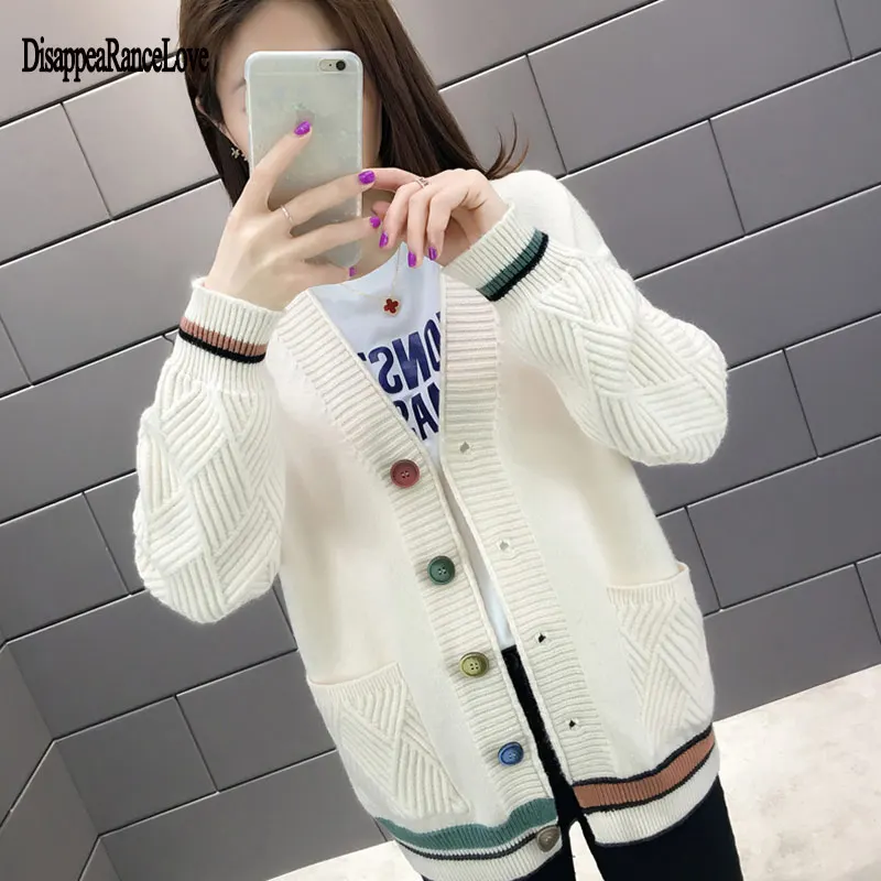 Женский вязаный кардиган на пуговицах крючком жакет с длинным рукавом цветными