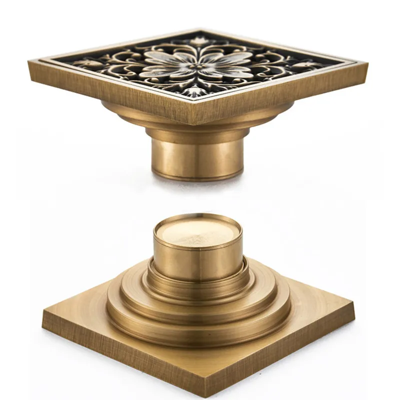 

Antique Brass Floor Drains 10cm Shower Floor Drain Bathroom Deodorant Square Waste Drain Strainer Cover Grate