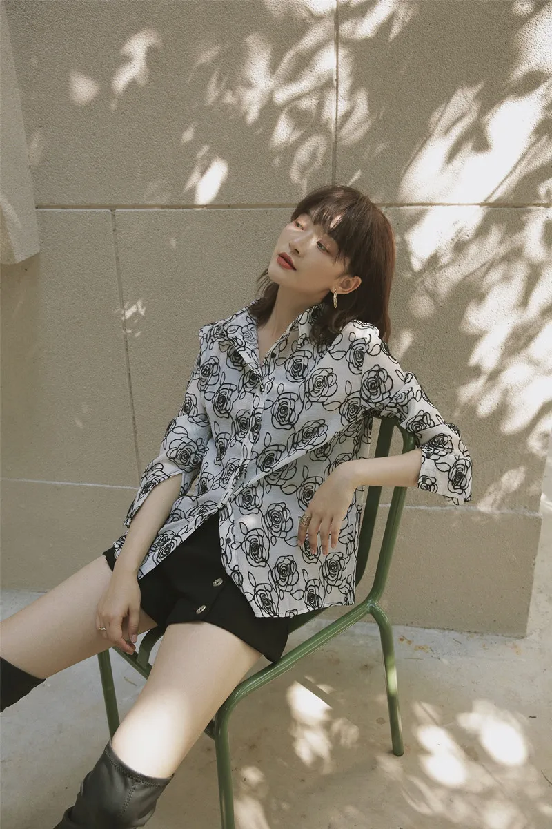

Black Rose Print Blouse Women Loose Shirt Vintage Blouse Long Sleeve Top Fall 2019 Womens Clothing P025