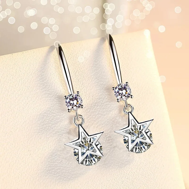 

925 Sterling Silver New Woman Fashion Jewelry Blue Pink Crystal Zircon Five-pointed Star Long Tassel Retro Hook Earrings