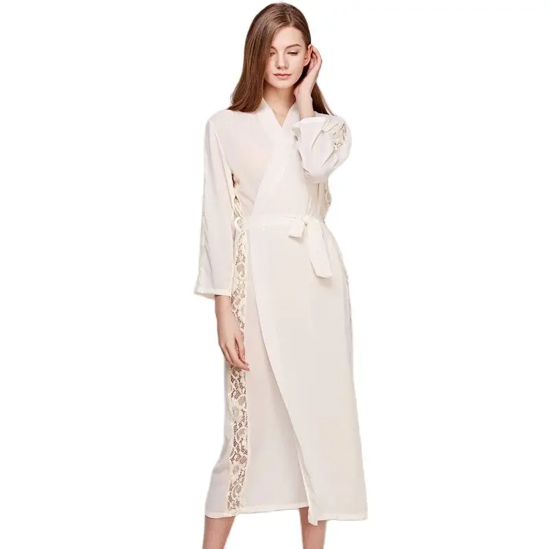 Женские шелковые спальные халаты с длинным рукавом пижамы из искусственного