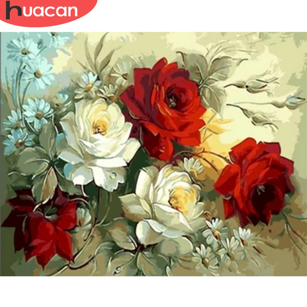 

HUACAN Oil Painting By Numbers Rose Flowers Kits Wall Art Pictures By Number For Adults Handpainted DIY Home Decoration
