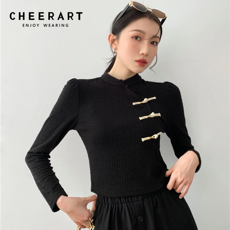 

CHEERART Texture Black Frog Button Puff Sleeve Vintage Blouse Women Designer Cheongsam Bodycon Long Sleeve Crop Top Fall Fashion