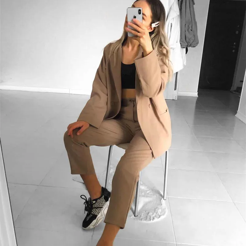 Женский офисный костюм HziriP блейзер цвета хаки с отложным воротником и брюки