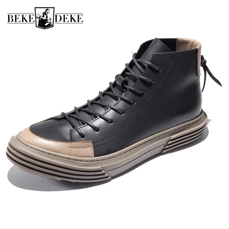 

British Style Genuine Leather High-Top Mens Casual Shoes Thick Bottom Lace Up Korean Style Fashion Vintage Outdoor Active Shoes