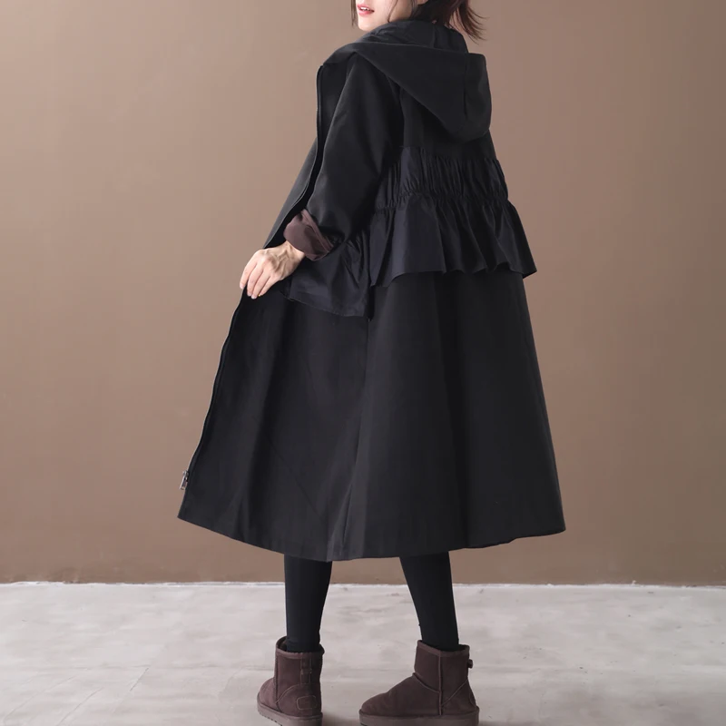 female new autumn and winter plus size korean style outerwear literary ruffled stitching hooded with velvet loose trench