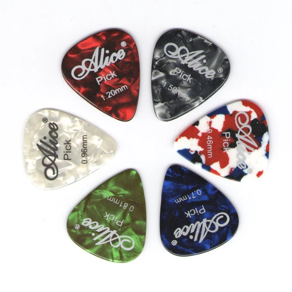 

6 pieces Alice Celluloid Guitar Picks Mediator Thickness 0.46 0.71 0.81 0.96 1.20 1.50 mm - Color Random