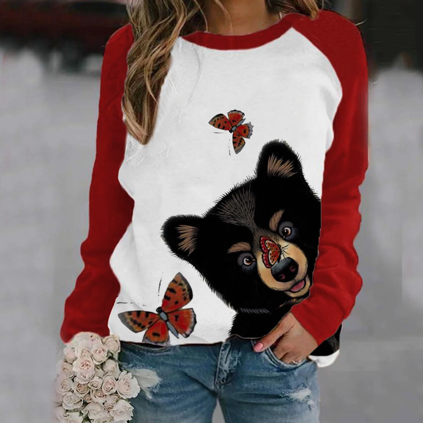 

Kawaii 3d Printed Bear And Butterfly Ladies Long-sleeved Hoodless Slim Autumn Sweater Sweatshirt Jacket