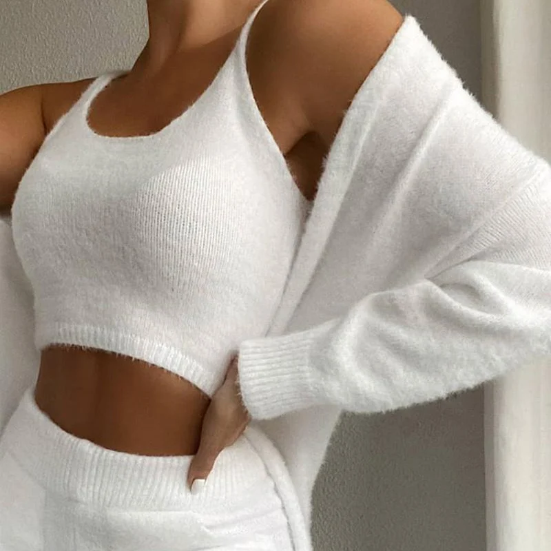 

Women's Knitted Sport Tracksuit 3 Piece Set For Women Long Cardigan+Crop Tops and Pants New Spring Casual Ladies Suits 2021