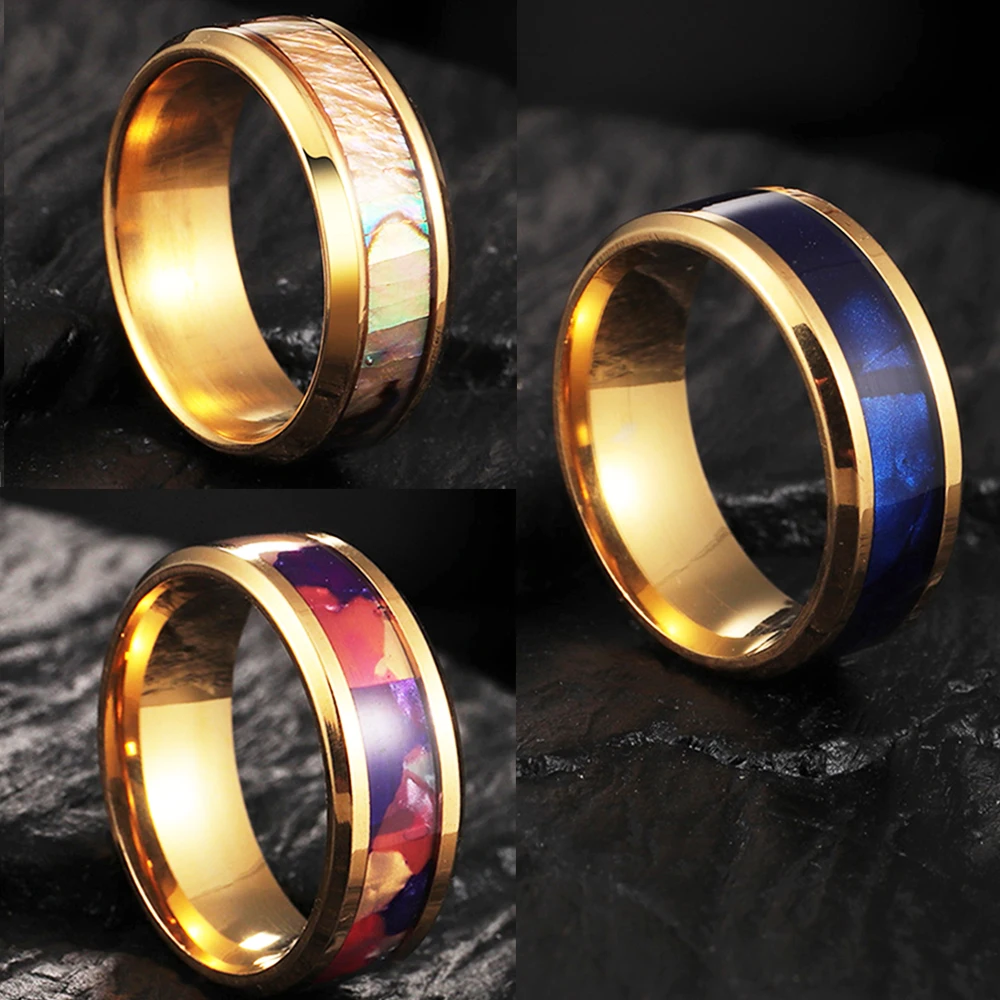 

8MM Gold Color Fashion Stainless Steel Ring Shell Inlay Rings Wedding Anniversary for Men Women Jewelry Party Gift Wholesale