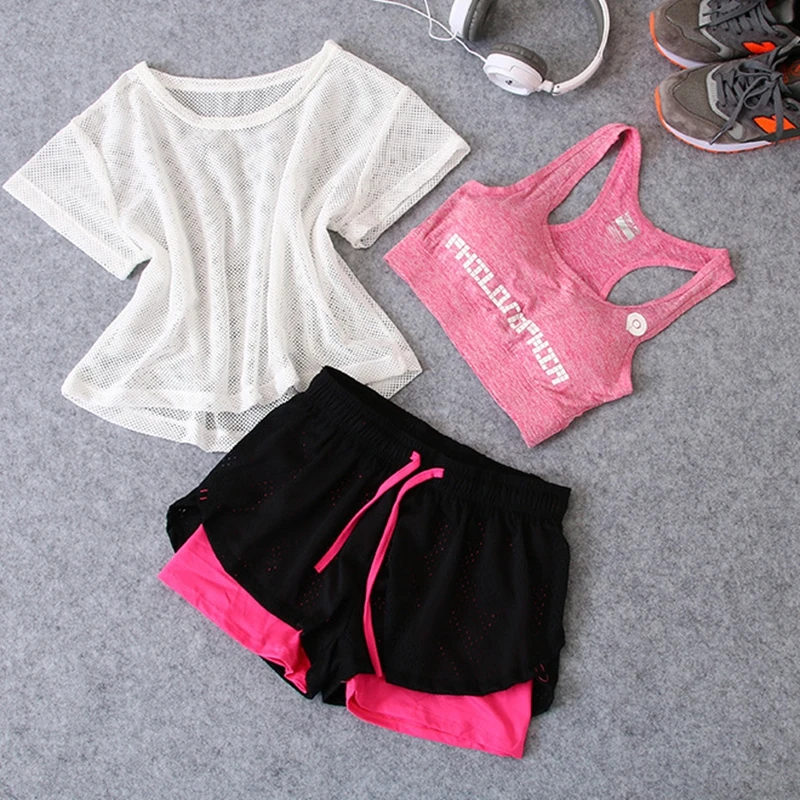3 шт. женский спортивный комплект из футболки бюстгальтера и шортов|sport set|gym setyoga