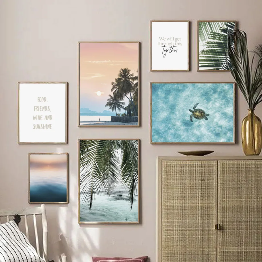 

Palm Leaf Turtle Beach Landscape Painting on Canvas Nordic Black White Quotes Posters and Prints Modern Wall Art Decor Picture