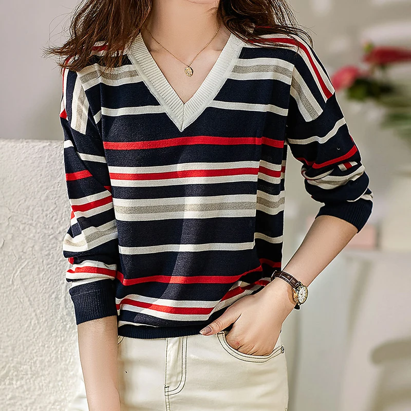 

Red And Black Striped Sweater Kintted Pullover Women V Neck Long Sleeve Thin Korean Sweaters Wool 20% Lyocell 30% Acrylic 50%