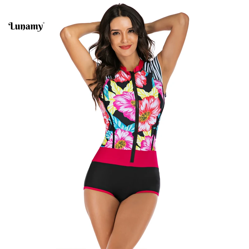 Lunamy цветочный принт Цельный купальник женский сексуальный без рукавов боди с
