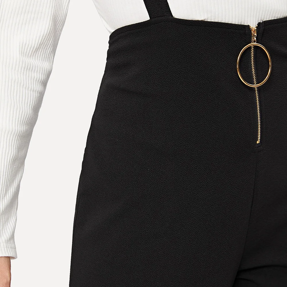 

Plus Size Wide Leg High Waist Women Pants Straps Casual Loose Elegant Front Zipper Suspenders Office Ladies Long Trousers
