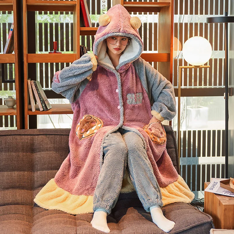 Women's Hooded Coral Fleece Long-Sleeved Flannel Home Wear Casual Pajamas for Spring and Autumn Bathrobe Set Winter