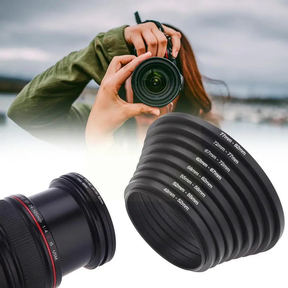 

7pcs Lens Adapter Filter Set Metal Step Up Rings 49-52-55-58-62-67-72-77mm Ring Lens Adapte Aluminum 49-77mm Universal J0t5