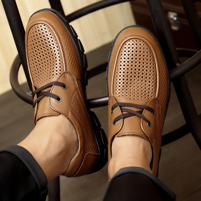 New 2021 Men Casual Shoes Genuine Leather Summer Breathable Holes Luxury Brand Business Flat for Dress Office Flats |