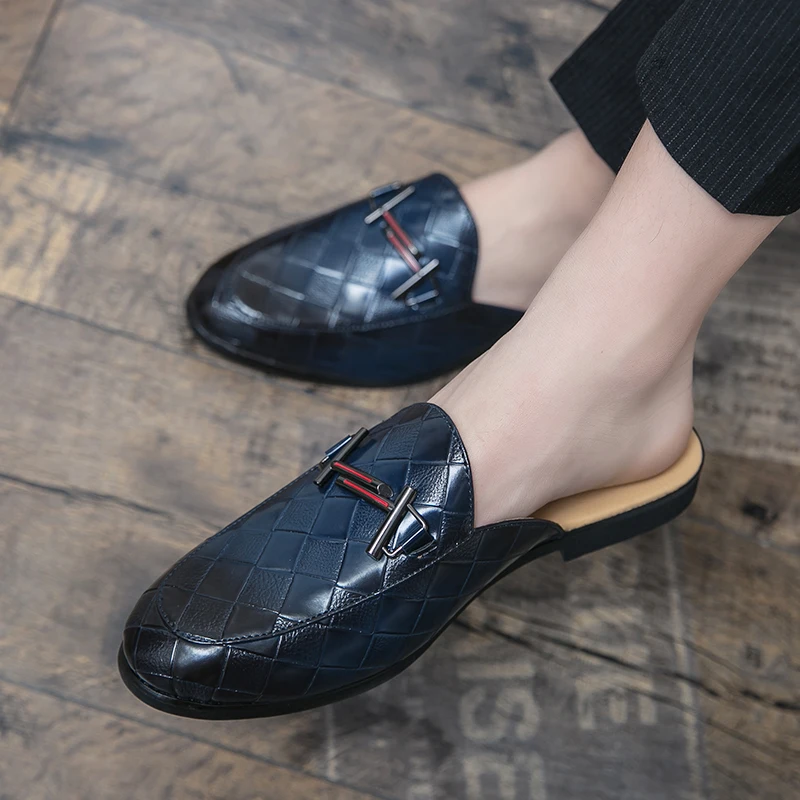 

Mules Black Shoes Men Half Genuine Leather For Men Fashion Designer Shoes Luxury Zapatillas Hombre Casual Sepatu Slip On Pria