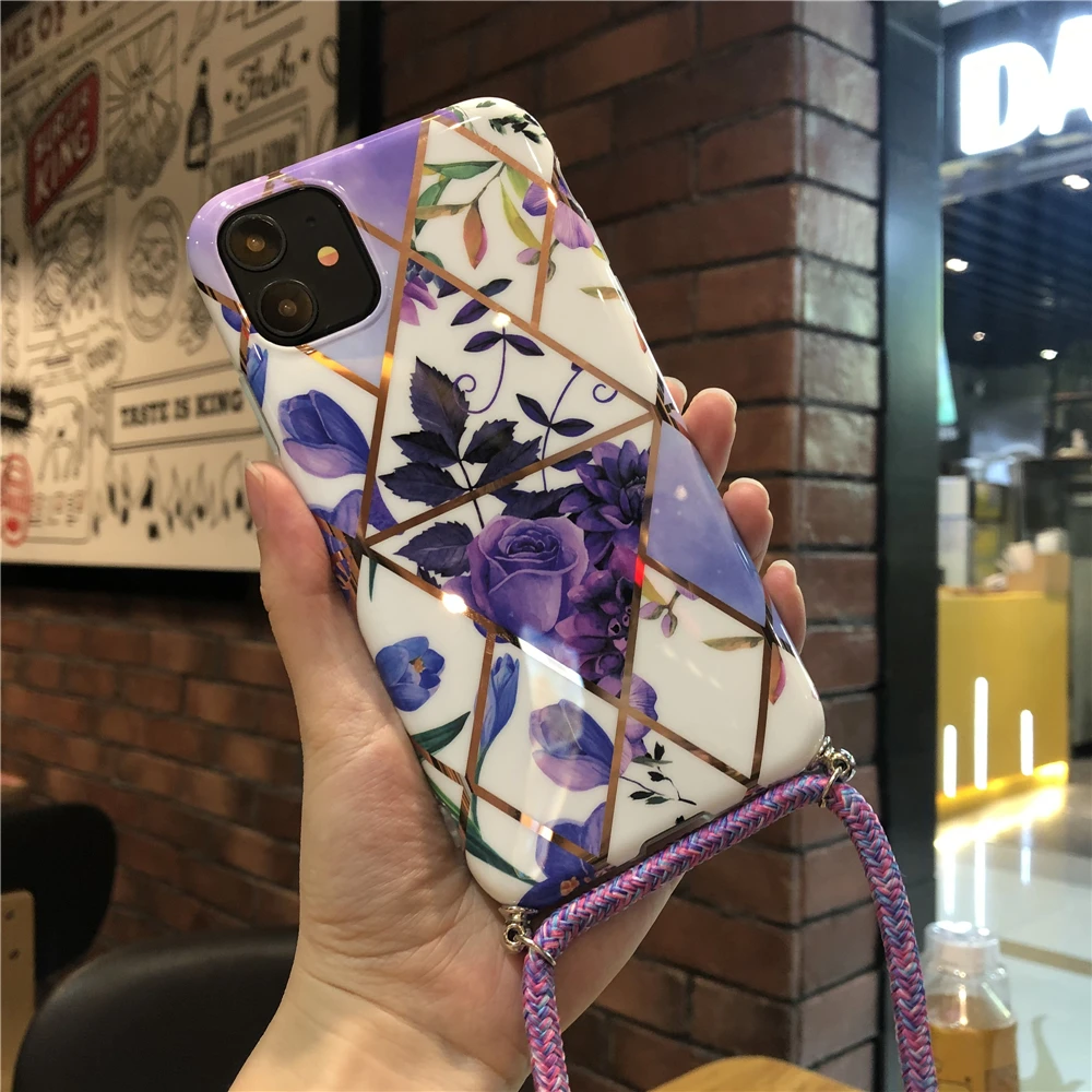 plated geometric flower and leaf cover for iPhone 11 X Xs max XR 7 8 6 6s se2020 case With Crossbody Lanyard Neck Strap Rope |
