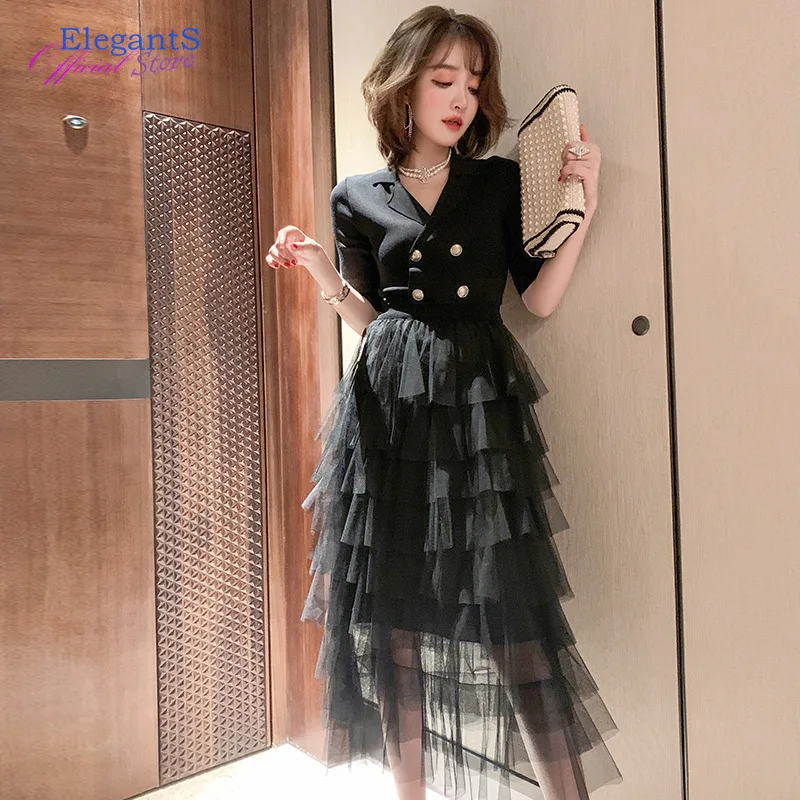 

Elegant One Piece Dress Suits Women Fashion Tulle Double Breasted Office Lady Work Black Color Suit Set Female Clothes 2022 New