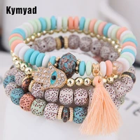 kymyad bohemia wrist bracelet multilayer bracelets resin beads stone bracelets for women accessory tassel eyes charm bracelet
