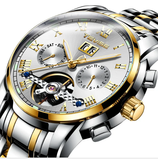 

Часы мужские автоматические светящиеся с календарем и турбийоном, из нержавеющей стали