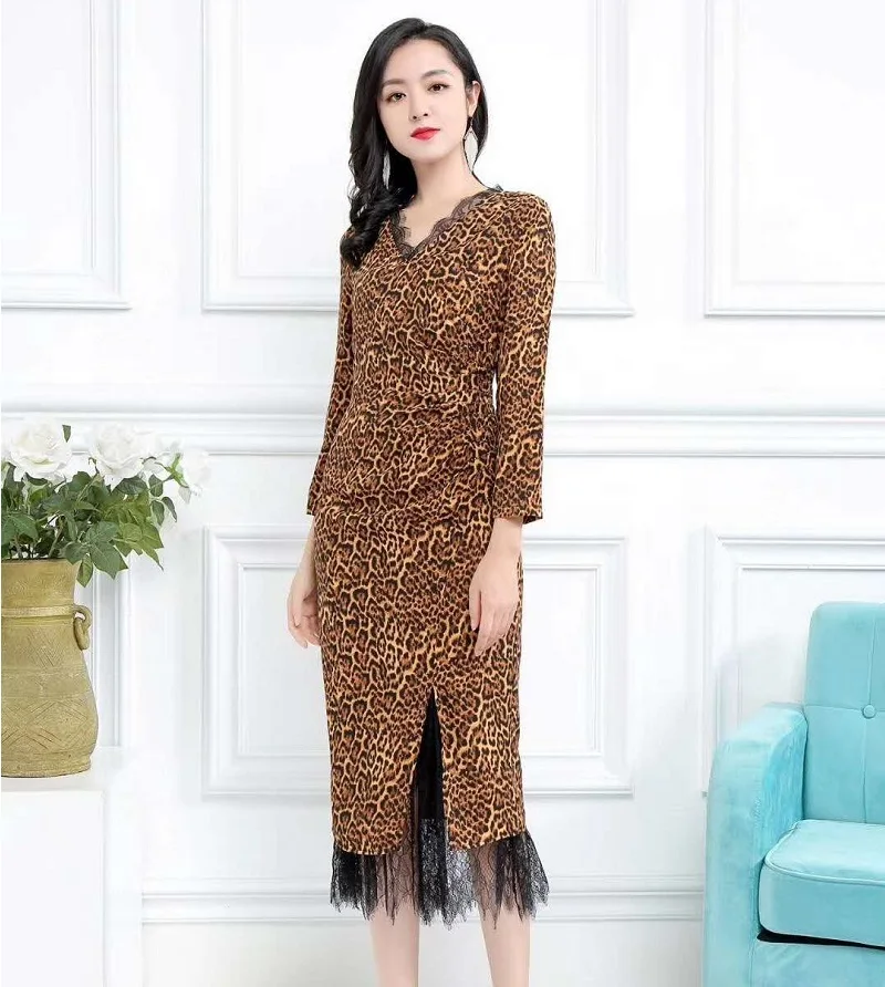 

High Quality Brand New Bodycon Dress 2020 Autumn Winter Party Cocktail Women V-Neck Sexy Wild Leopard Print Dress Yellow Grey