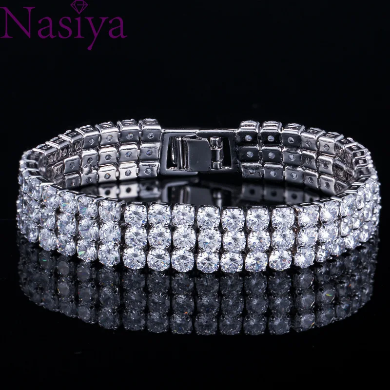 

Luxury AAA Zircon 3 Rows Bracelet Zircon Silver Color Bangles for Women Anniversary Gift Bridal Wedding Jewelry