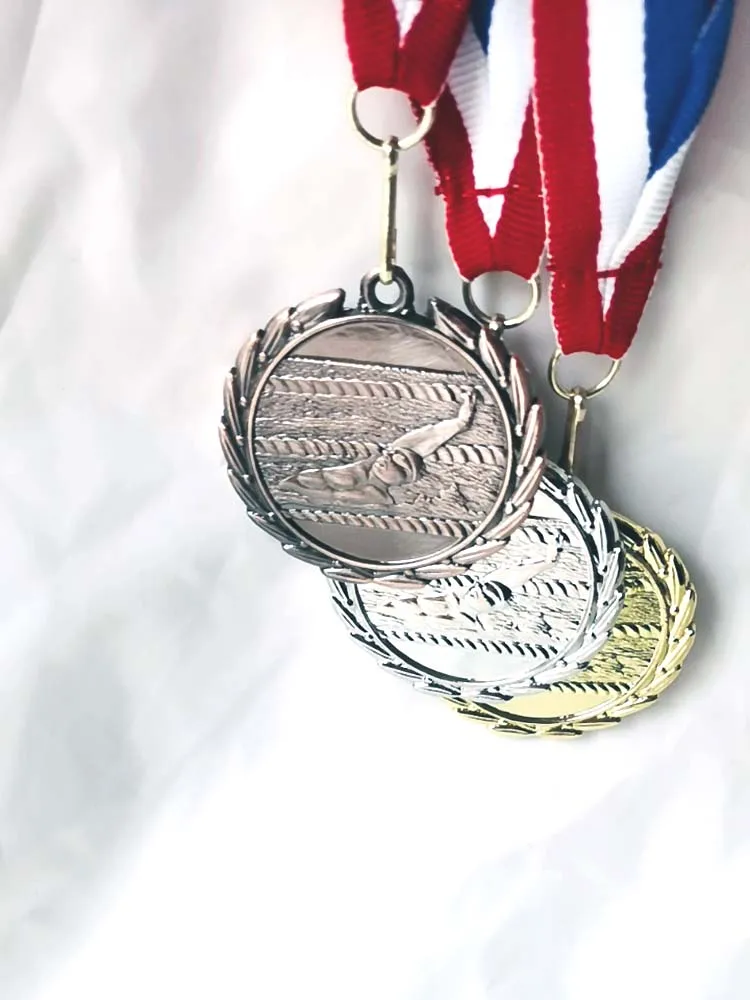 

Backstroke swimming medal with ribbion 5.0cm School game Medal Gold Silver Bronze Motion