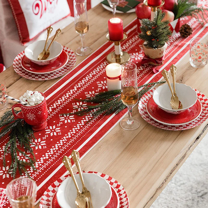 Camino de mesa navide&ntilde;o, cubierta de mesa blanca y roja de copos de nieve para restaurante, Hotel, camino de mesa navide&ntilde;o, decoraci&oacute;n del hogar-0