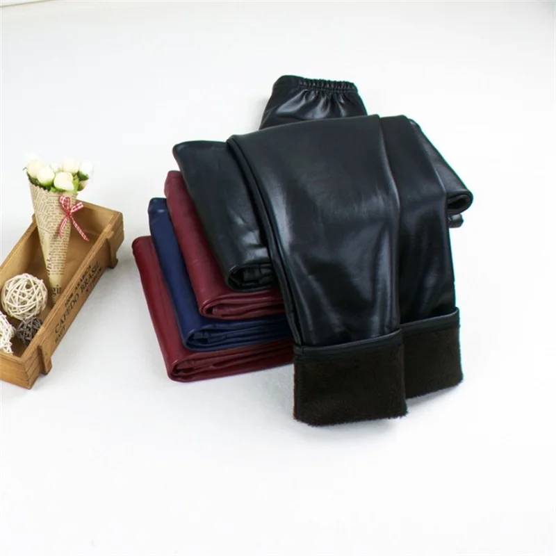 Детские утепленные леггинсы из искусственной кожи с начесом|kids long pants|legging childrenpants