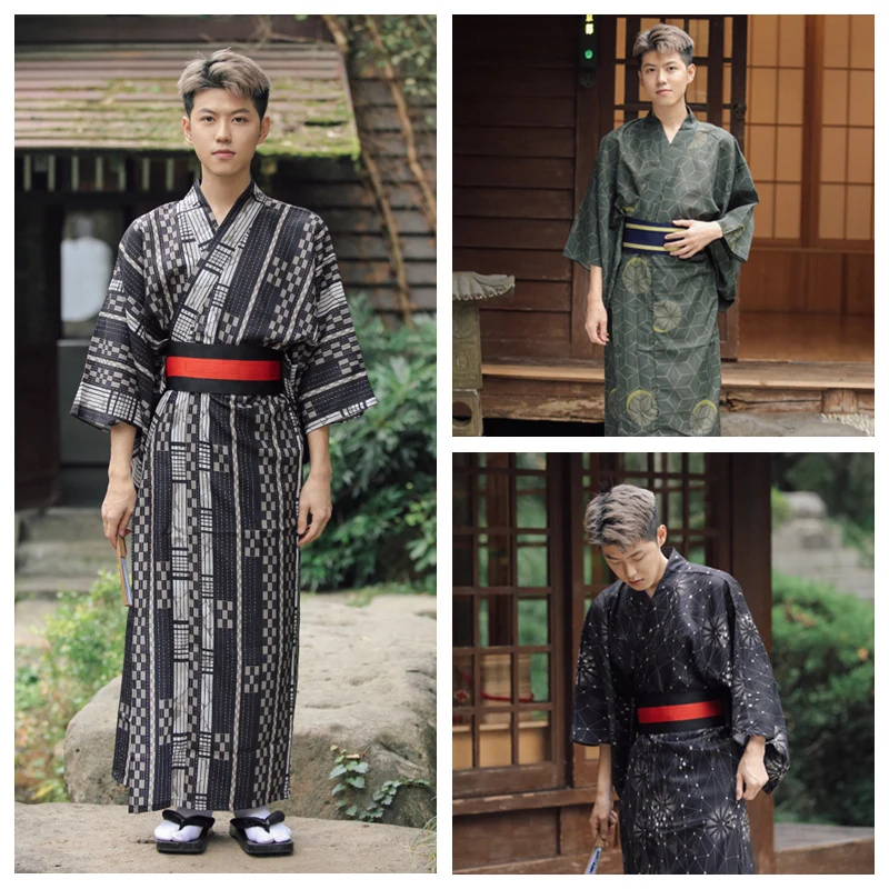 Japanese Traditional Style Print Pajamas Men's Kimono Yukata V-Neck Bathrobe With Cloth Belt Home Sleep & Lounge Robes