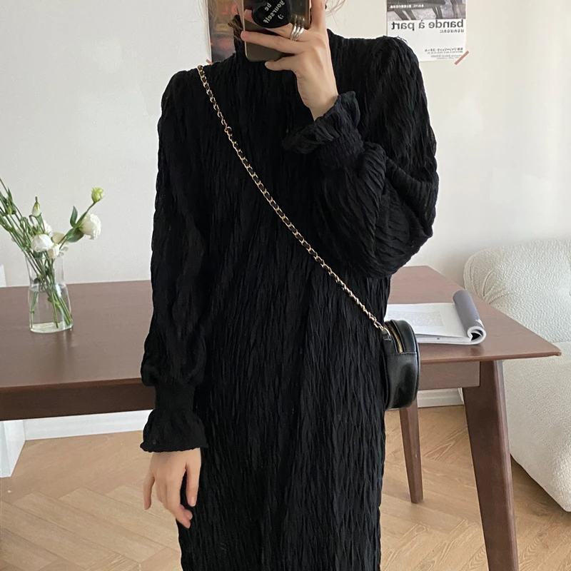 

Женское винтажное платье-миди, Элегантное повседневное праздничное платье с воротником-стойкой и длинным рукавом, с плиссированными оборк...