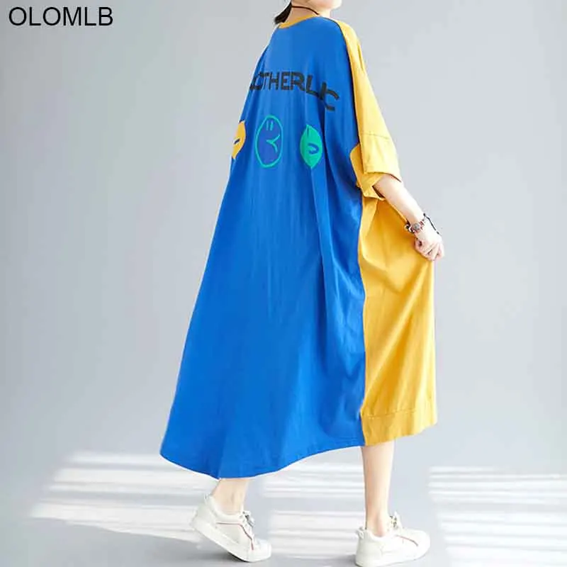 Женское Хлопковое платье футболка с принтом свободное контрастное большого