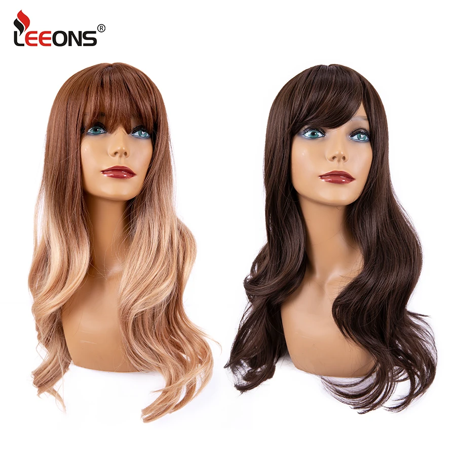

Leeons Long Wavy Synthetic Wig With Bangs For Black Women Water Wave Wig With Bangs Black Cosplay Daily Body Wave Wig With Bangs