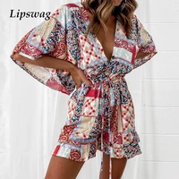 summer playsuits sexy v neck short floral vintage jumpsuits women elastic waist fashion casual short sleeve ruffle loose rompers