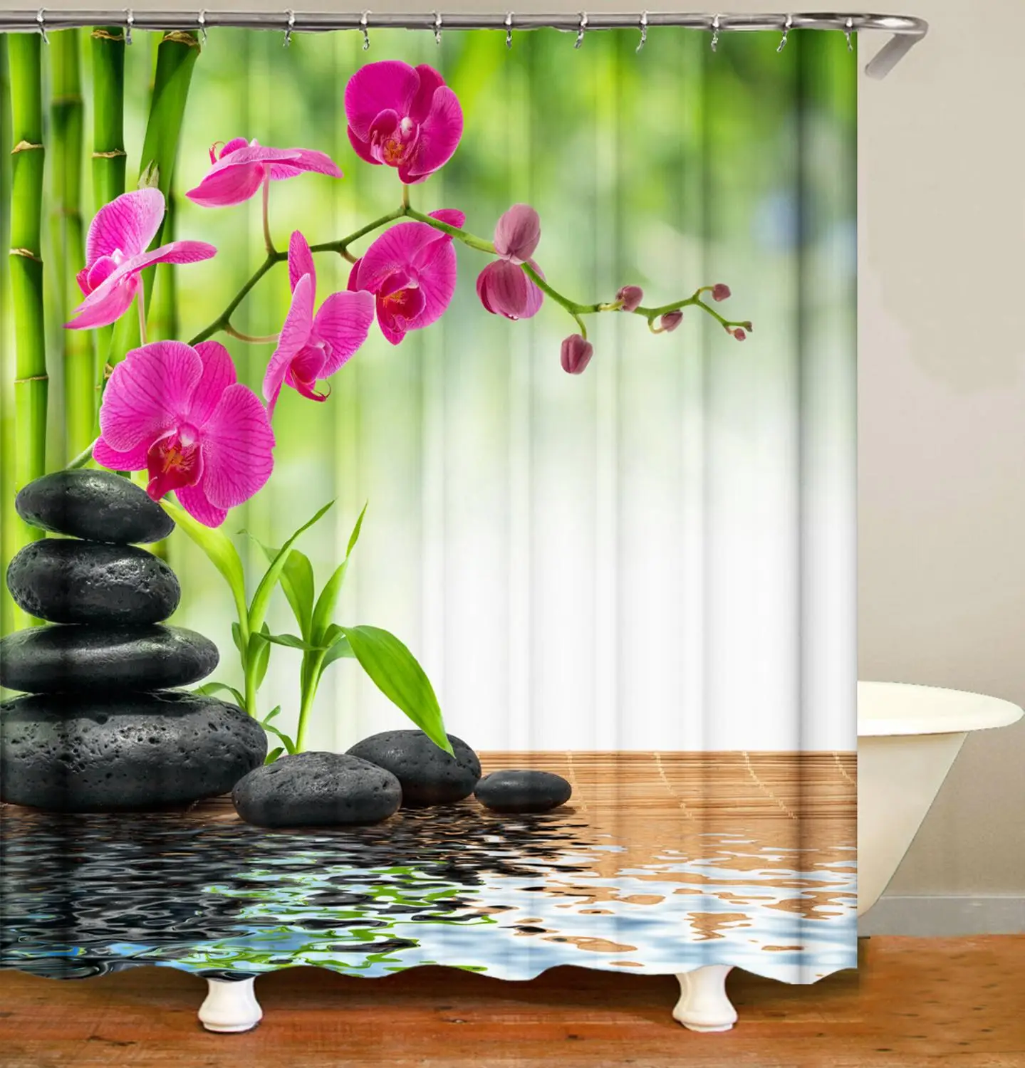 

Bamboo Forest Shower Curtain Green Vitality Curtain With Hooks for Bathroom Polyester 3D Printed Plant Beautiful Natural Scenery