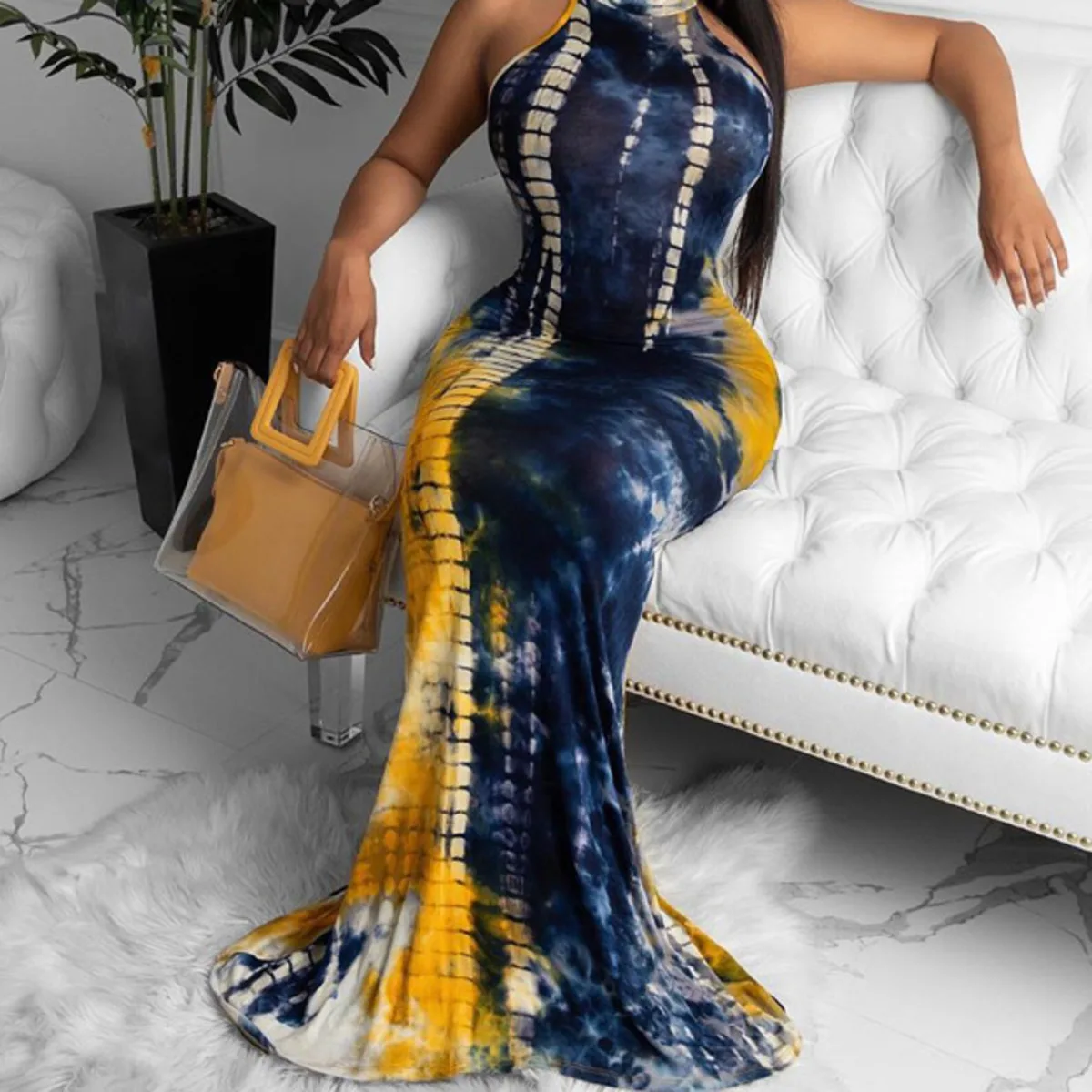 

Women Sexy Halter Neck Cut Out Evening Dress Ladies Tie Dye Printed Sleeveless Mermaid Prom Dresses Robe Soiree Femme Sexy