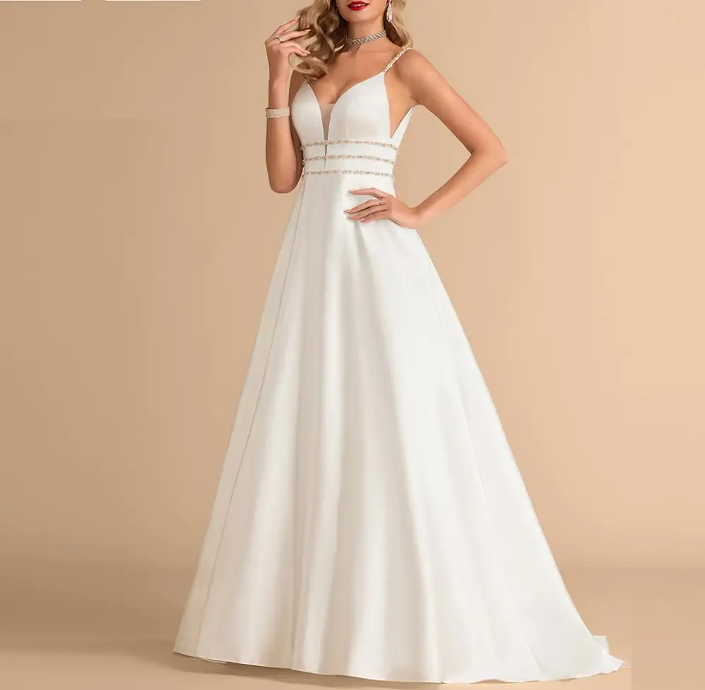 

Women's wedding dress Plus size V neck sleeveless beading satin bridal Muslim wedding gown sexy wedding dress custom made