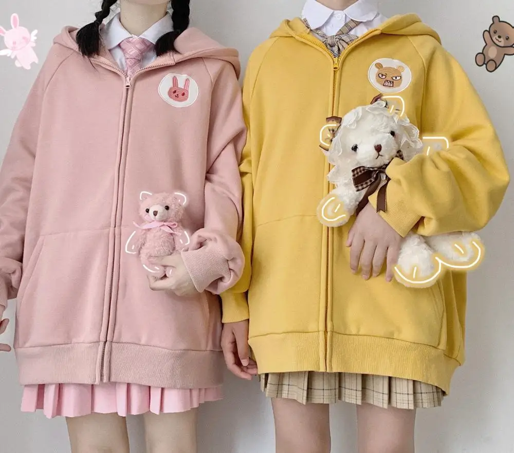 

Korea Girls Pretty Fashion Spring Autumnr Hoodies Cute Panda Embroidery Loose Zip-up Sweatshirt Loose Sweatshirts