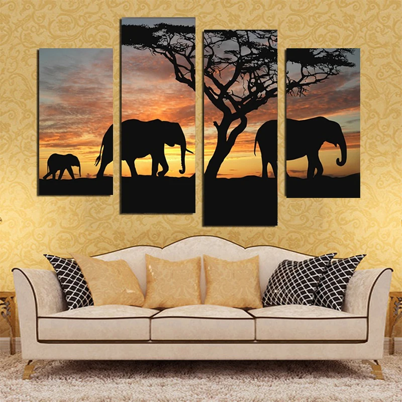

4 Pieces of Sunset Elephant Pictures on Canvas HD Retro Posters Printed on The Wall, Living Room Home Decoration Without Frame