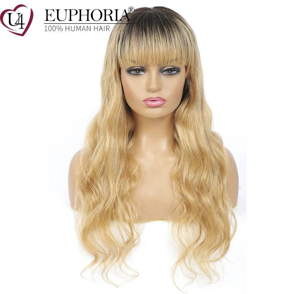 Ombre Blonde 27 Body Wave Hair Wig Brazilian Remy Full Machine Made Wigs With Bangs Red BURG Natural Colored EUPHORIA | Шиньоны и