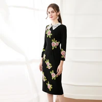 1105 2021 free shipping lapel new spring embroidery above knee black flora print sh