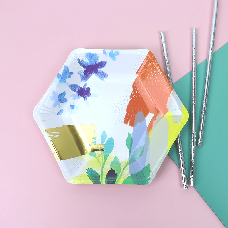 12pcs Gilding Flower Paper Plates Cake Hexagon Dishes Baby Shower Birthday Party Wedding Anniversary Disposable Tableware | Дом и сад