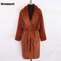 nerazzurri autumn long oversized brown soft light faux fur coat women long sleeve belt casual korean fashion without buttons