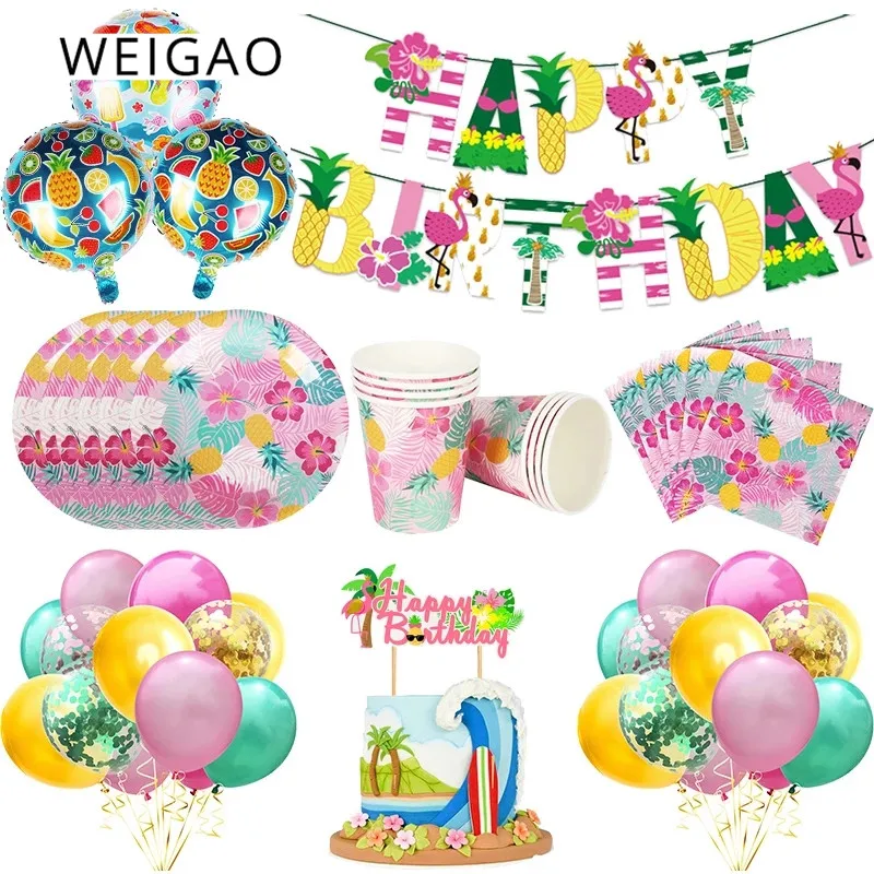 

Summer Hawaii Party Decorations ALOHA Banner Balloon Cake Topper Tableware Set Luau Beach Party Supplies Tropical Flamingo Decor