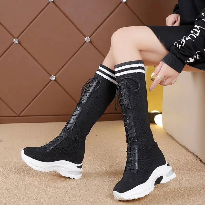 

Woven elastic boots women's thin thick bottoms inside the height socks shoes women's new net red casual high-barrel thin boots.