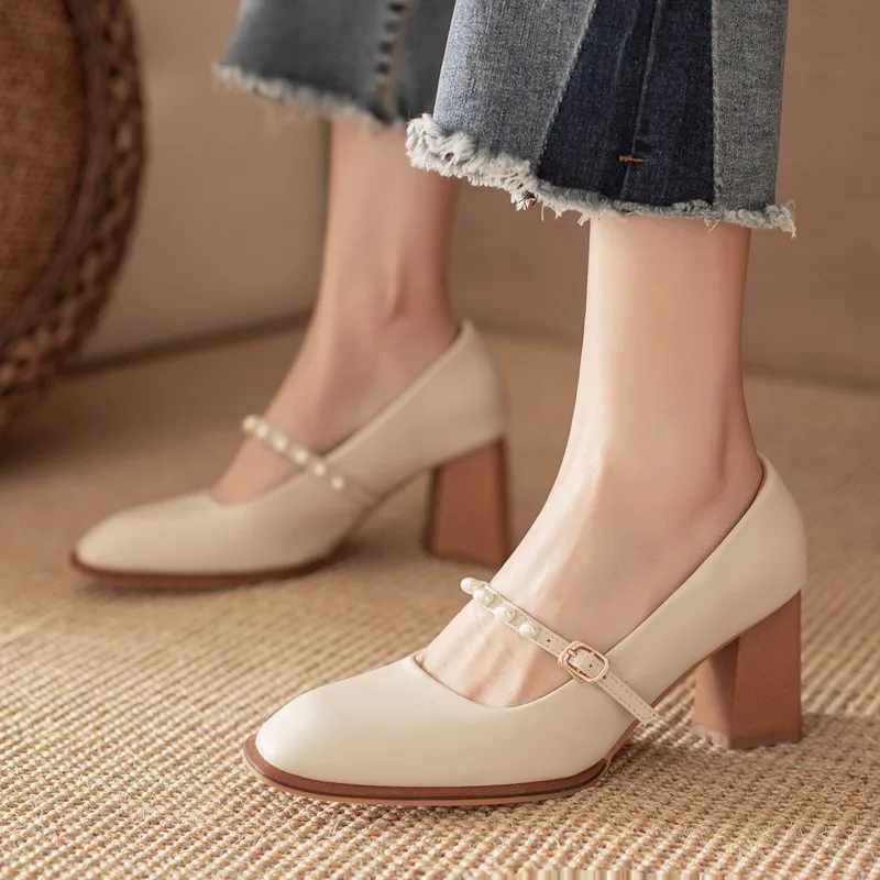 

New Ladies High Heels Lolita Shoelace Buckle Square Heel Sandals Ladies Retro Pearl Decorated Women's Shoes Heels for Women 2021