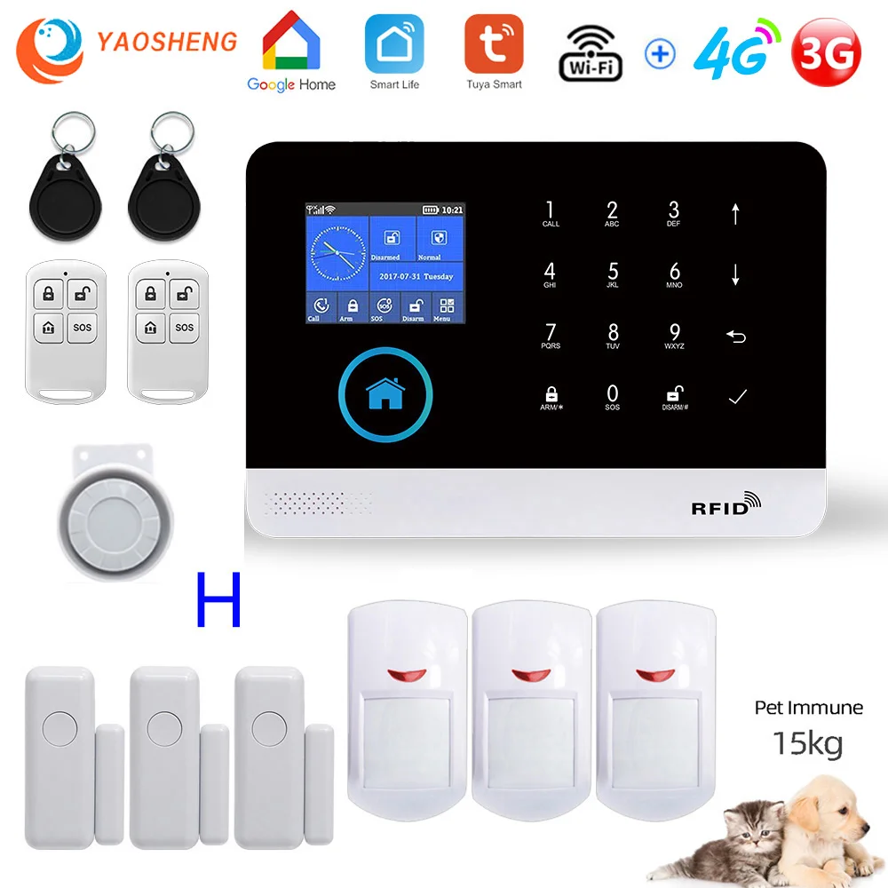 Wireless WIFI 4G Home Security Alarm System For Tuya Smartlife APP With Pet Motion Sensor Smoke Detector supports Alexa & Google
